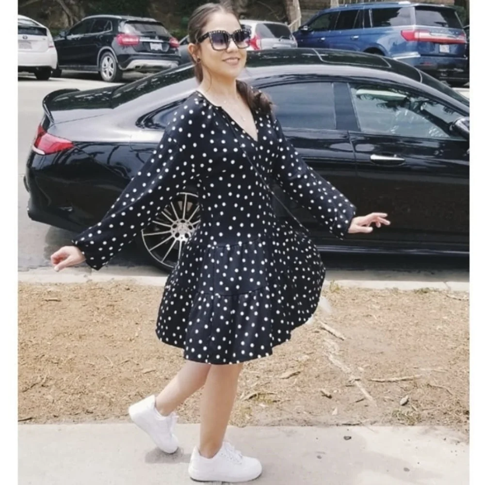 Mango Tiered Polka Dot Jersey Smock Dress in Black - Picture 1 of 8